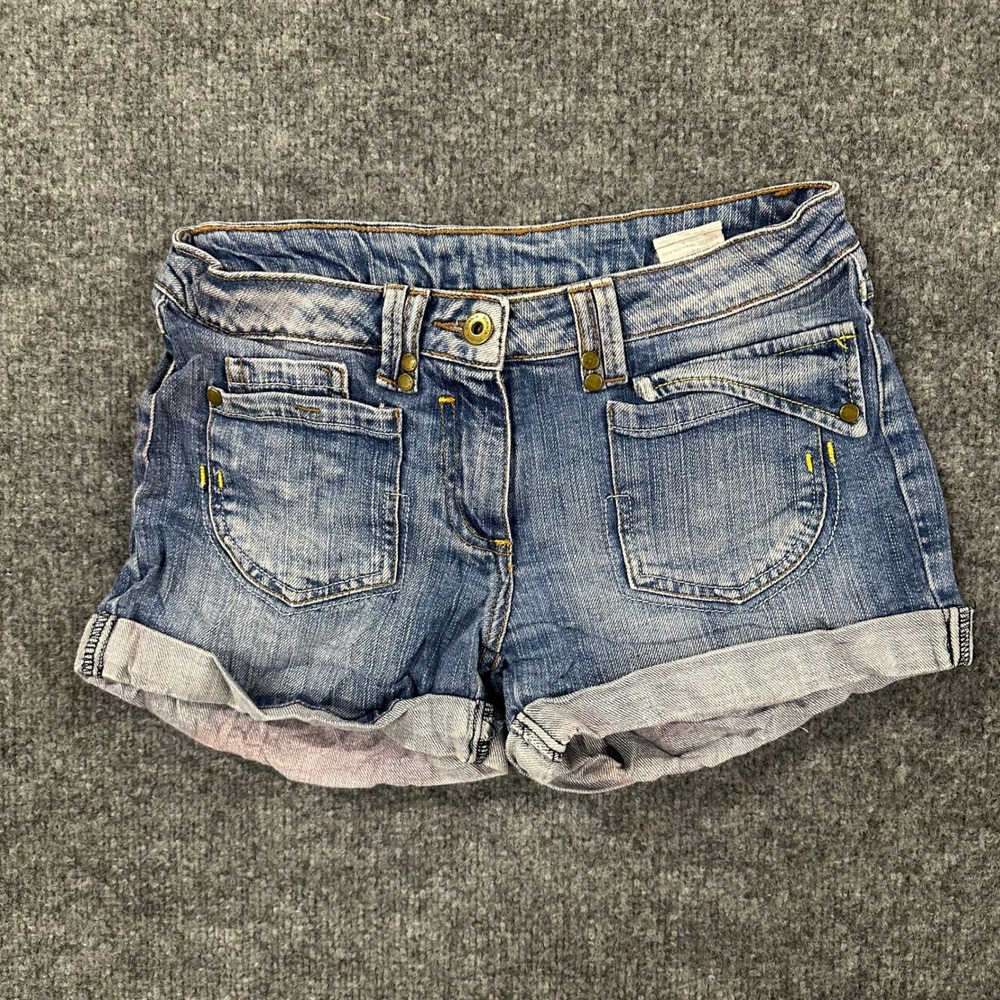 Pimkie Denim Shorts Womens Size 6 Blue Cuffed Low Rise Cargo Pocket Casual